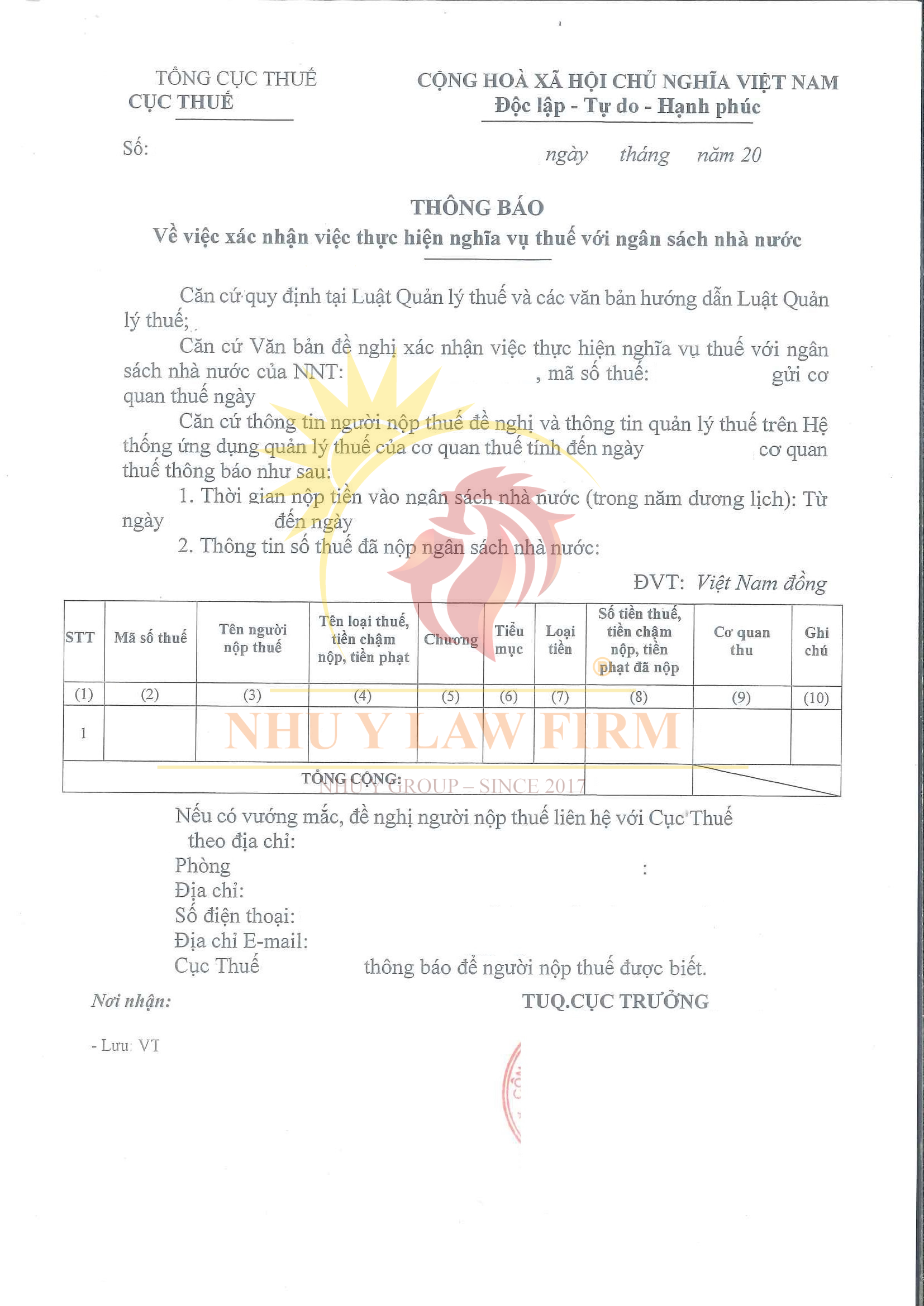 Dịch vụ xin xác nhận hoàn thành nghĩa vụ thuế cho trưởng văn phòng đại diện thương nhân nước ngoài tại Việt Nam